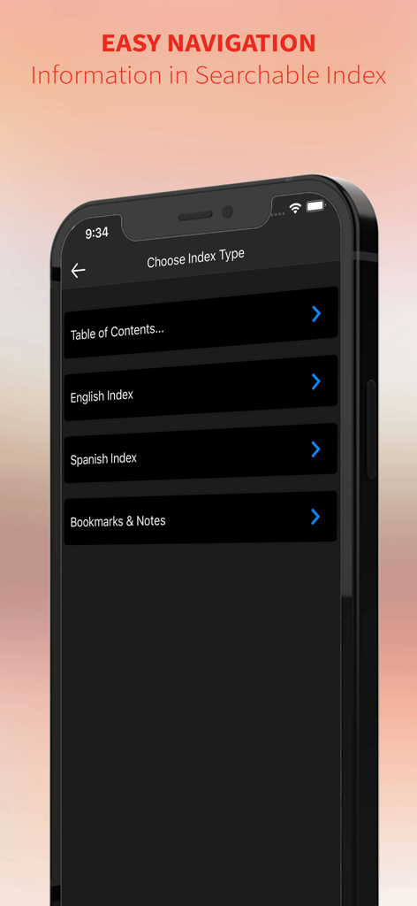 Spanish-English-Spanish Dict - Interfaz de la aplicación Diccionario Médico Español-Inglés que muestra opciones de índice para una fácil navegación
