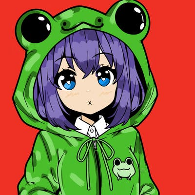 an anime girl wearing a frog hoodie