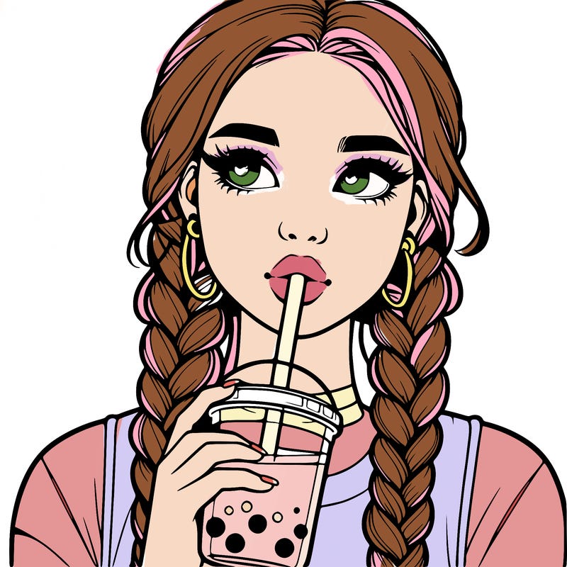 realistic girl with braided hair drinking boba