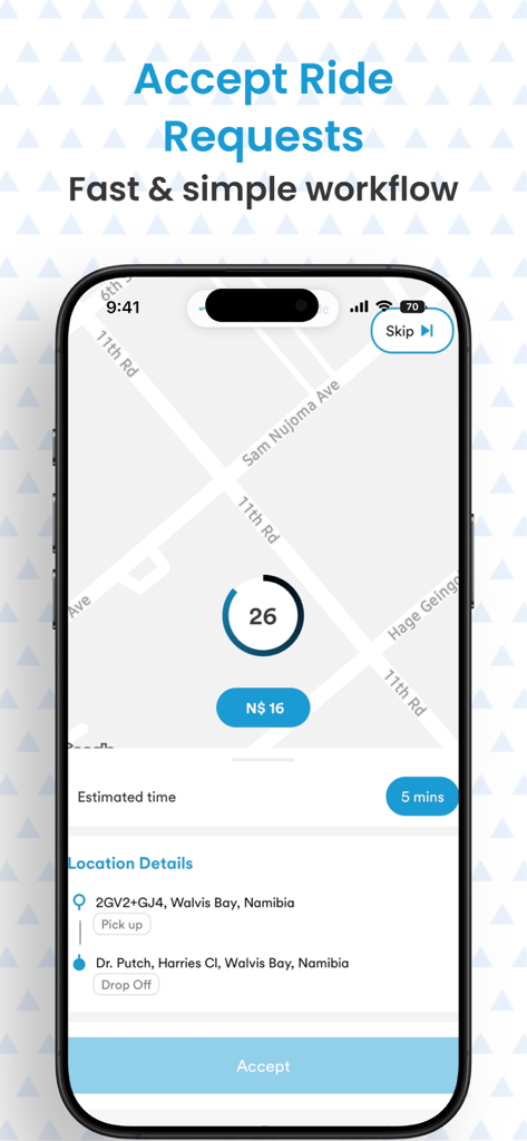 YetuYene Driver - YetuYene Driver app interface showing a ride request with map location, fare details, and accept button
