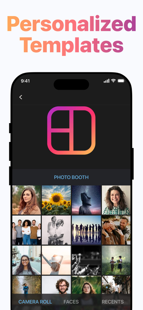Layout for Instagram + - Pantalla del teléfono móvil que muestra plantillas de collage de fotos personalizadas y selección del carrete de la cámara en Layout for Instagram plus.