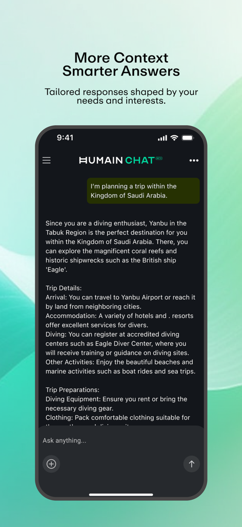 HUMAIN Chat - Screenshot of HUMAIN Chat app providing a personalized travel guide for Saudi Arabia.