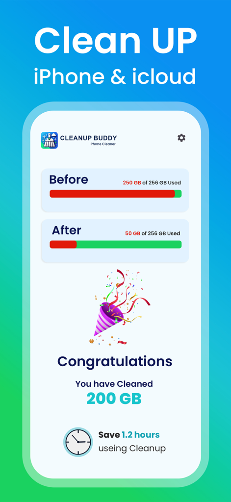CleanUp Buddy: Phone Cleaner - CleanUp Buddy app screen showing a storage cleanup result of 200 GB freed on an iPhone