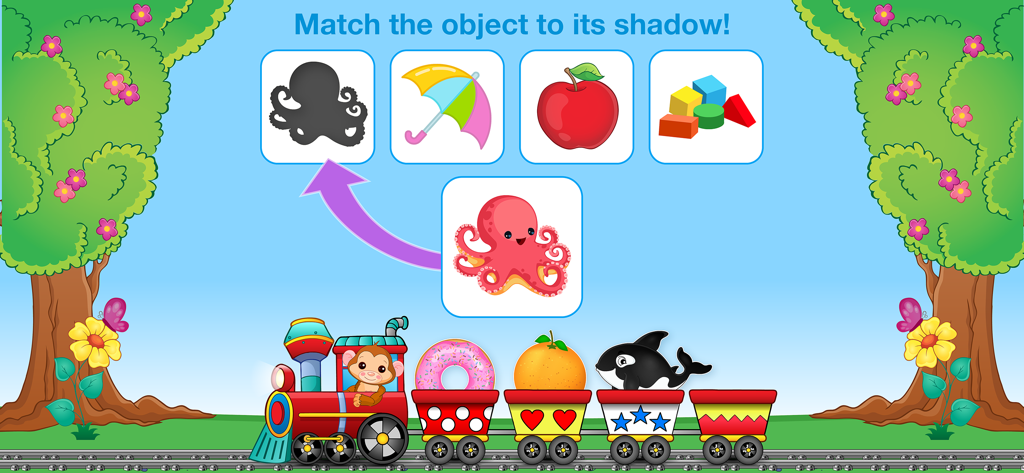 Pantalla de un juego de aprendizaje preescolar con una actividad de emparejar sombras con un pulpo y un tren de juguete colorido