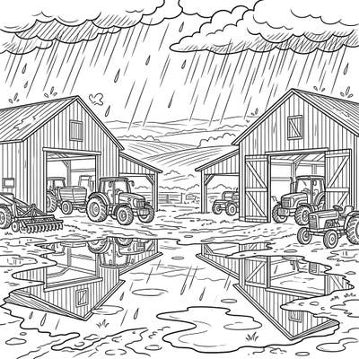 Enjoy coloring a rustic farm scene where sturdy equipment barns house various machinery during a peaceful rain shower. This page highlights atmospheric puddles and the serene beauty of a quiet, rainy day on the farm.