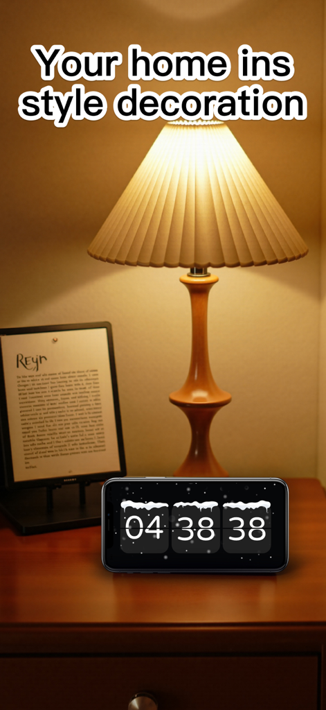 Digital Flip Clock Widgets - A digital flip clock app on an iPhone sitting on a cozy nightstand under a warm lamp