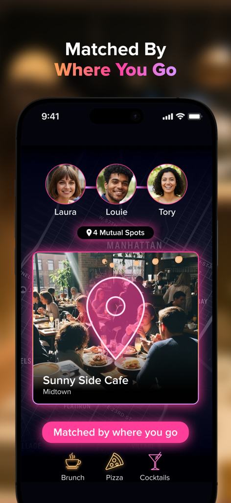 Atmosfy: Meet Your City - Atmosfy app screenshot showing the social matching feature based on shared location history at a cafe in Manhattan.