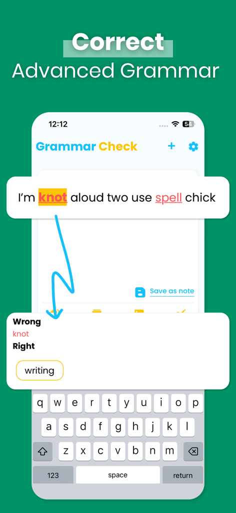 Grammar: Sentence Diagrammer - Mobile screen showing an automated grammar and spelling check tool with error highlights