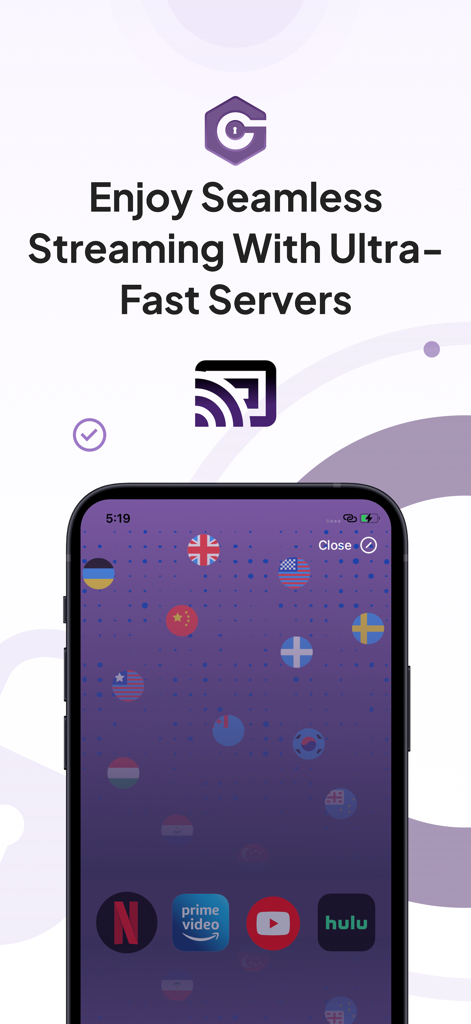 GatewayVPN - GatewayVPNアプリの画面。NetflixやHuluのアイコンと共に、シームレスなストリーミングのための超高速サーバーを強調しています。