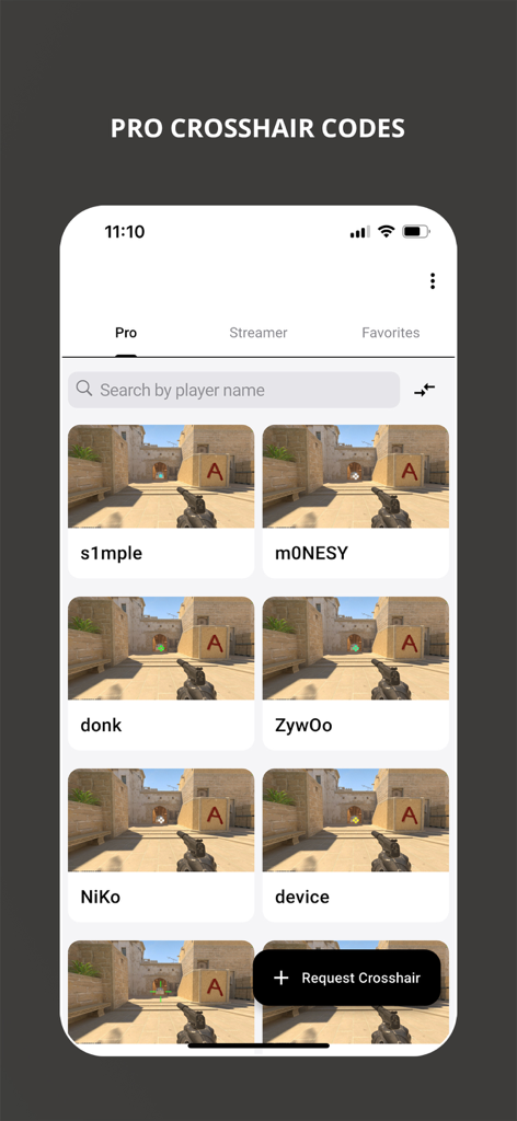 Un menu dans l'application Crosshair plus montrant une liste de codes de viseur de joueurs CS2 professionnels, y compris s1mple et m0NESY, avec des rendus de jeu réels.