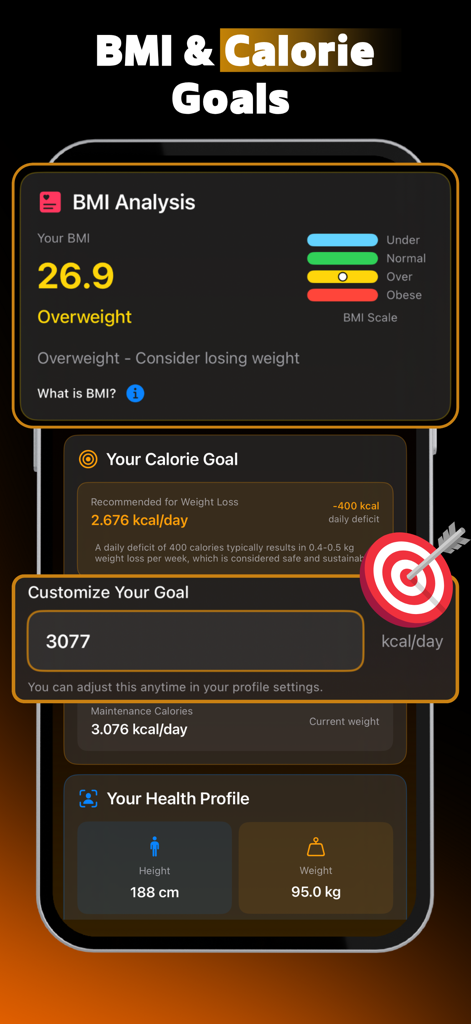 Calio: AI Calorie Tracker - Calio App-Bildschirm zeigt BMI-Analyseergebnisse und anpassbare tägliche Kalorienziele in einer schlanken Dark-Mode-Oberfläche