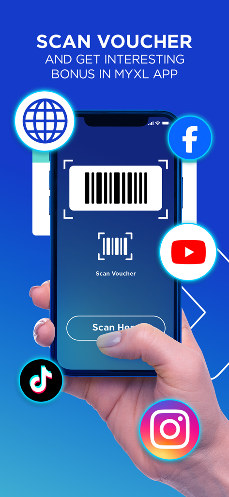 myXL–Cek Kuota & Beli Paket XL - Hand holding a smartphone using the myXL app to scan a voucher barcode for rewards and social media bonuses.
