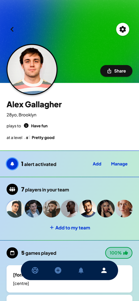 Poteau - User profile dashboard in the Poteau soccer app showing player stats and team members