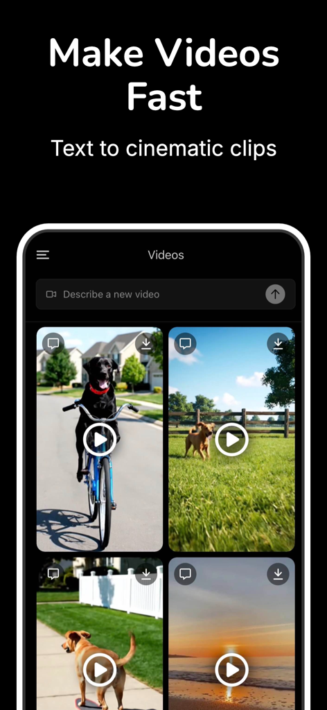 Interface of Gab AI app showing the text to video generation feature with sample cinematic clips