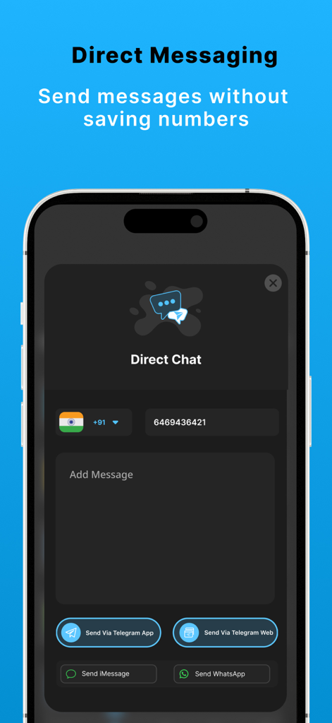 Interfaccia dell'app Tele Messenger che mostra come inviare messaggi diretti a numeri di telefono senza salvarli nei contatti