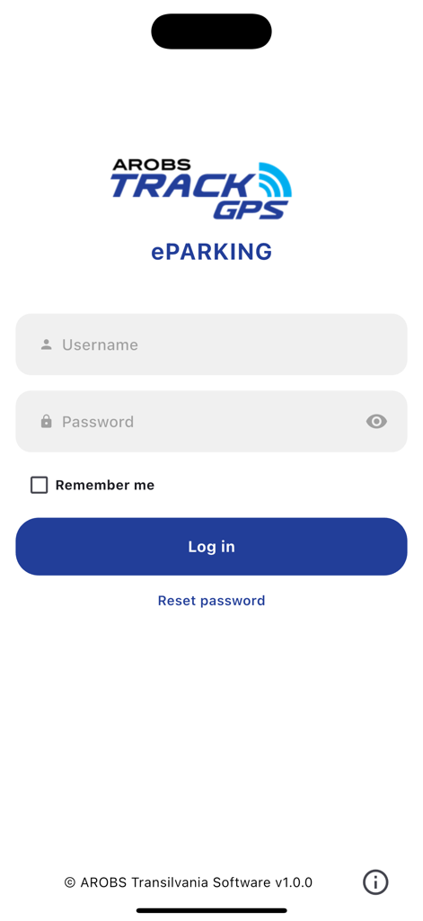 TrackGPS eParking - TrackGPS eParking mobile App Anmeldeoberfläche mit Benutzername- und Passwortfeldern