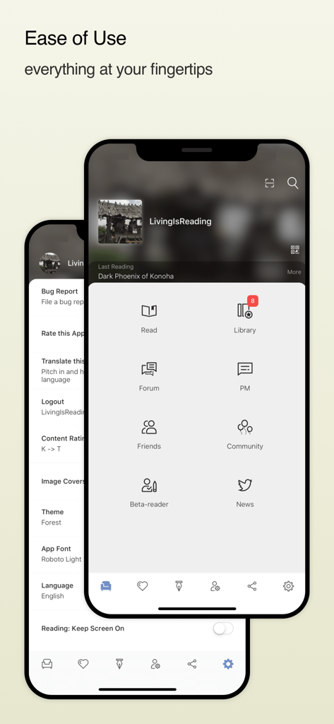 Menu dell'app mobile FanFiction.Net che mostra le icone per Leggi, Libreria, Forum, PM, Amici, Comunità, Beta-reader e Notizie.