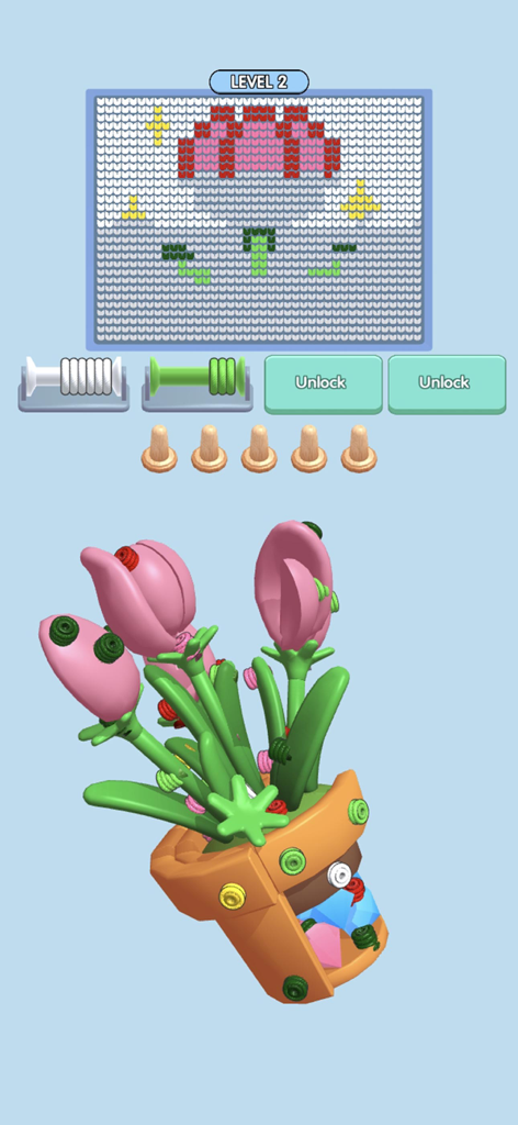 Wool Master 3D - Thread Sort - A screenshot of Wool Master 3D Level 2 showing a 3D model of pink tulips with colored yarn threads to untangle