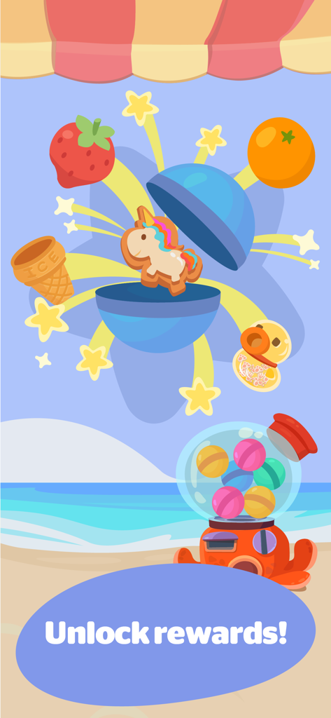 Dr. Panda Ice Cream Truck 2 - Unlockable rewards screen with a unicorn toy and gumball machine on Banana Island beach