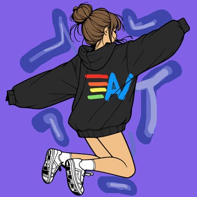 realistic girl jumping with a bun and oversized sweatshirt