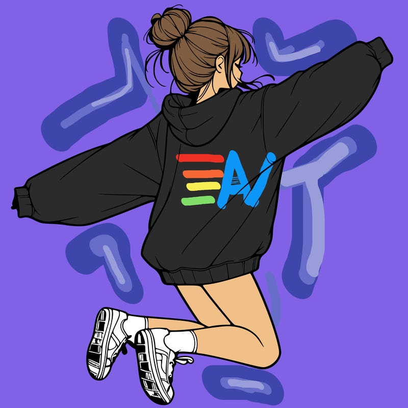 realistic girl jumping with a bun and oversized sweatshirt