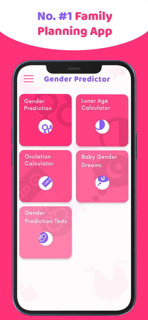 Baby Gender Reveal & Predictor - 베이비 젠더 예측기 앱의 메인 대시보드를 보여주는 스마트폰 화면으로, 성별 예측, 달력 나이 계산기, 배란 계산기 옵션 표시