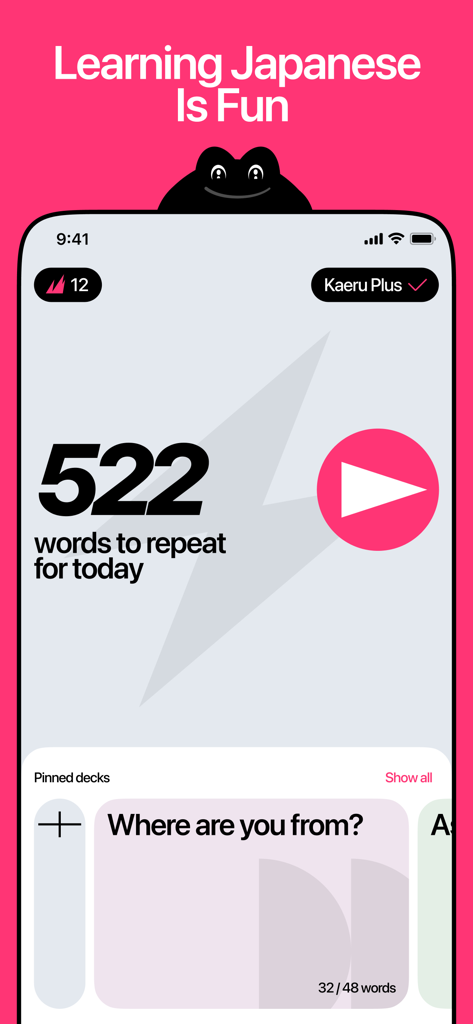 Kaeru: Learn Kanji Writing - Interface of the Kaeru Japanese learning app showing the daily review count and pinned study decks