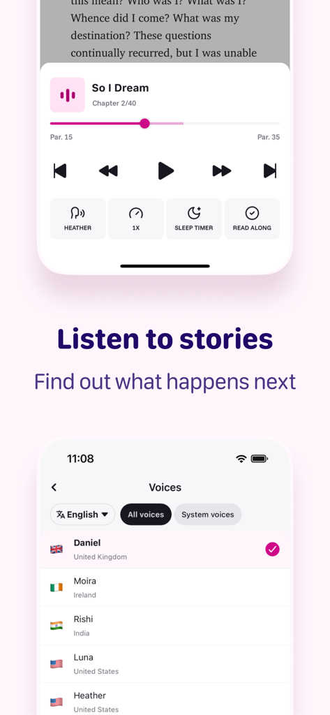 Fictivity: AO3 Unofficial - Fictivity app screen showing the audio player and voice selection for text to speech stories