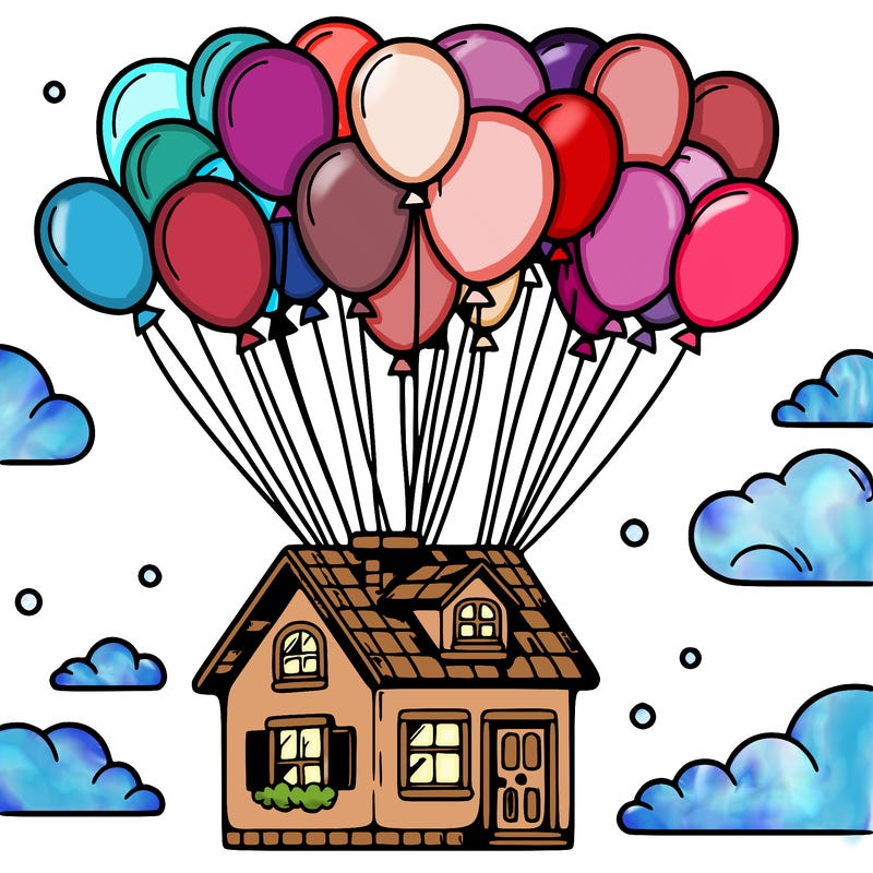 house floating from lots of balloons