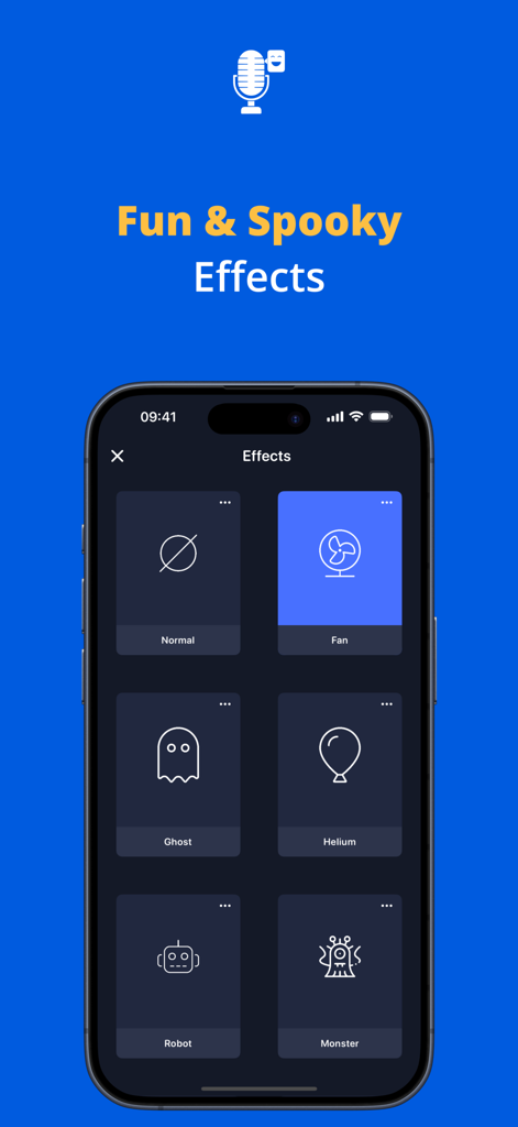 Voice Changer | Audio Effects - Interface of the Voice Changer app showing various audio filters like Ghost, Robot, and Helium.