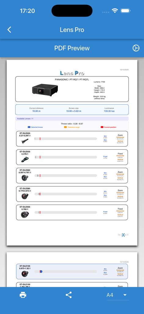 Pantalla de la aplicación LensPro que muestra una vista previa de un informe PDF para un proyector Panasonic con especificaciones técnicas y cálculos de lentes