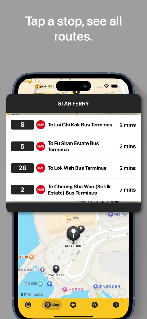 HKBUS 앱 지도 인터페이스에 스타페리 정류장의 실시간 버스 도착 시간이 표시됩니다.