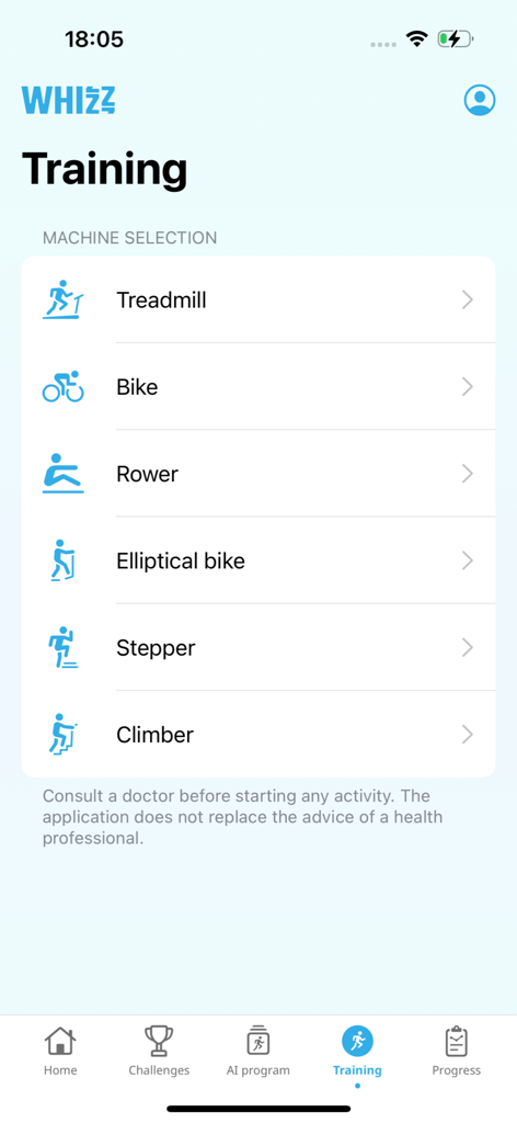 Pantalla de selección de máquinas de cardio de interior en la aplicación de fitness Whizz.