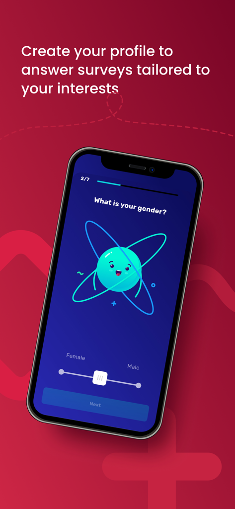 Surveytime - Earn Cash Rewards - Surveytimeモバイルアプリの画面。性別選択の質問があり、パーソナライズされたアンケートのためのプロフィール作成ステップが表示されています。