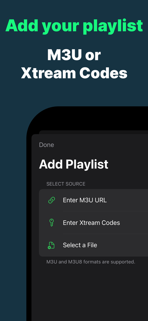 IPTV Player Live: M3U & Xtream - Schermata di aggiunta playlist che mostra le opzioni M3U e Xtream Codes