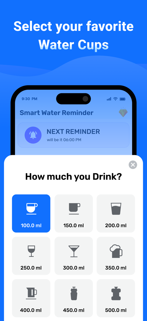 AquaAlert : Hydration Buddy - Pantalla de la aplicación AquaAlert para elegir tamaños de vasos de agua y registrar volúmenes de ingesta
