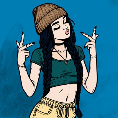 realistic teenage girl with braids and a beanie and crop top doing 🫶🏼