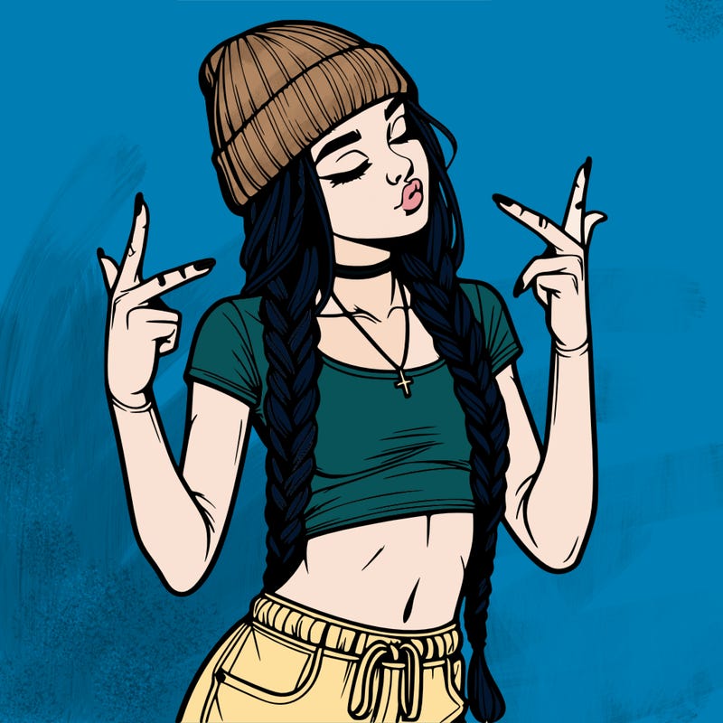 realistic teenage girl with braids and a beanie and crop top doing 🫶🏼