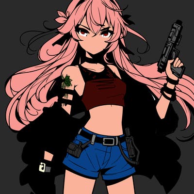 bad girl wearing crop top holding a gun long hair anime