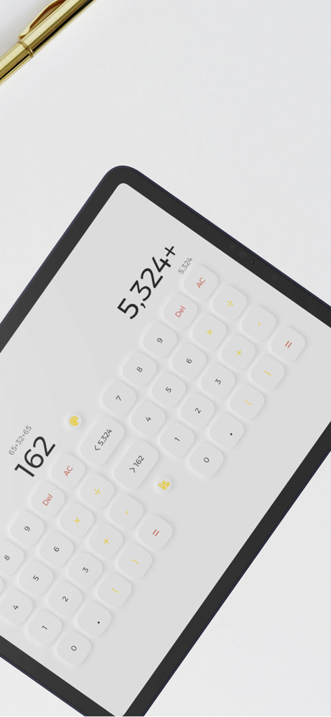 Calculator 5 - Multitask cal - Split screen view of Calculator 5 multitasking app on a tablet showing two simultaneous calculations with a minimalist design