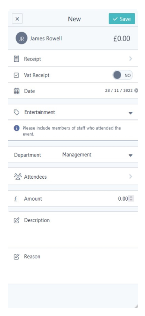 Capture Expense - A mobile interface for creating a new expense claim including fields for receipt, date, category, and department.