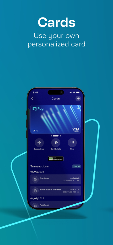 Mobily Pay app interface showing a personalized digital Visa card and recent transaction history