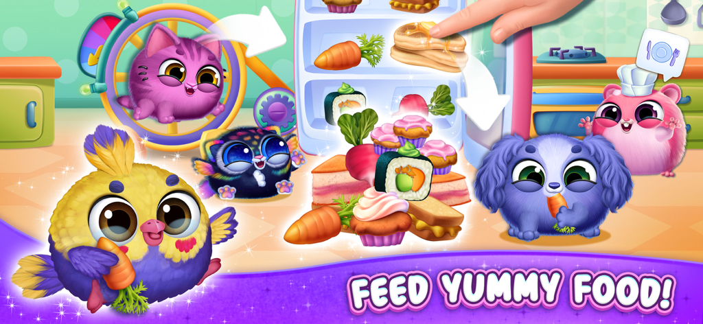 Smolsies 2 - Cute Pet Stories - Coloridas mascotas virtuales redondas siendo alimentadas con varios alimentos en el juego Smolsies 2.