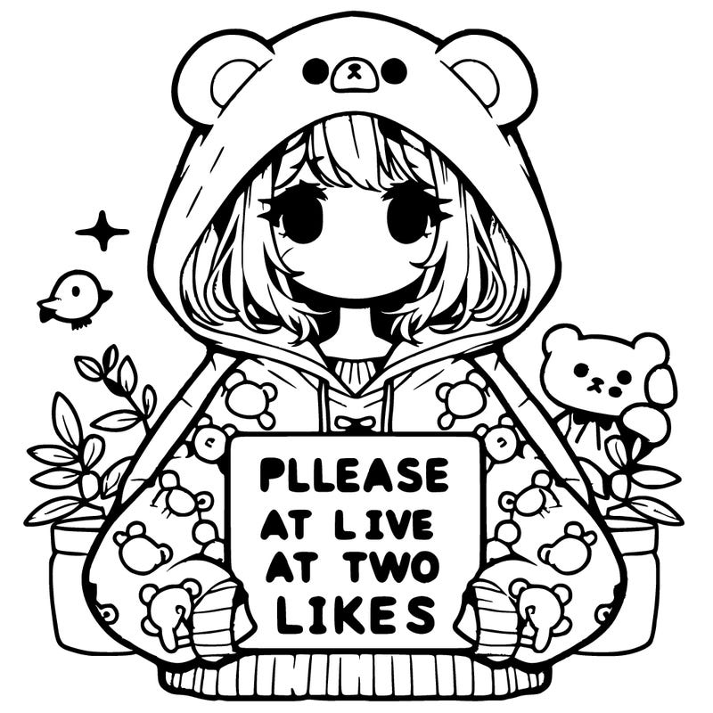 a cute anime faceless girl in an oversized hoodie that has bears on it and has her hood on her head with a little birdy next to her and she is holding a sign saying please give at least two likes