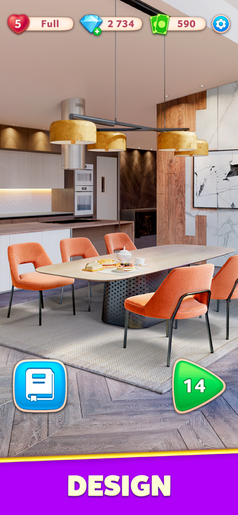 Design Masters: Home Simulator - Design Masters Home Simulatorにおける、オレンジ色の椅子と木製のアクセントのあるモダンなダイニングルームのフォトリアルなインテリアデザイン。