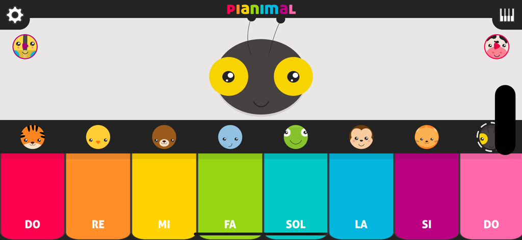 Pianimal Wild - Colorful eight key musical piano interface for kids with cute animal icons and musical note labels