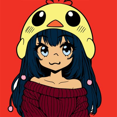 anime girl with chick shaped hat with sweater with bare shoulders with bangs covering them one eye with low tail