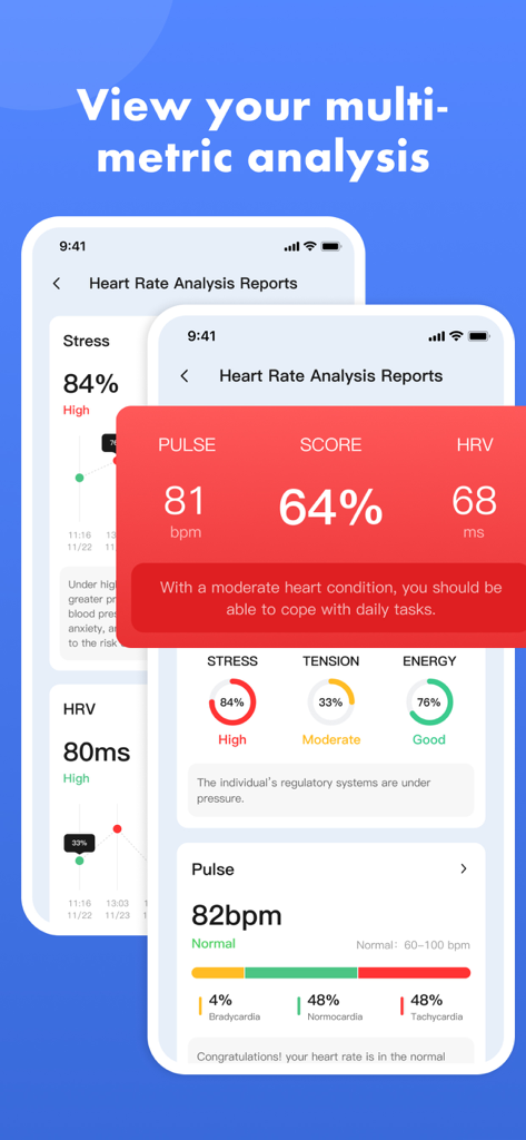 Blood Pressure App-Health Body - Herzfrequez-Analysebericht, der Puls HRV und Stressmetriken zeigt