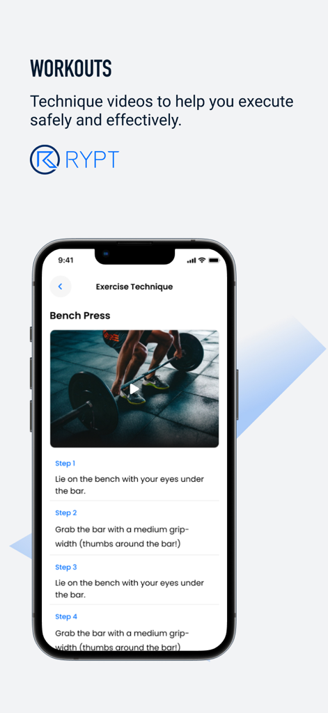 RYPT - Mobile screen of RYPT app showing bench press technique video and workout instructions