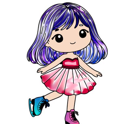 girl with shoulder-length brown hair, wearing ice skates on her feet and a short lilac skirt dress